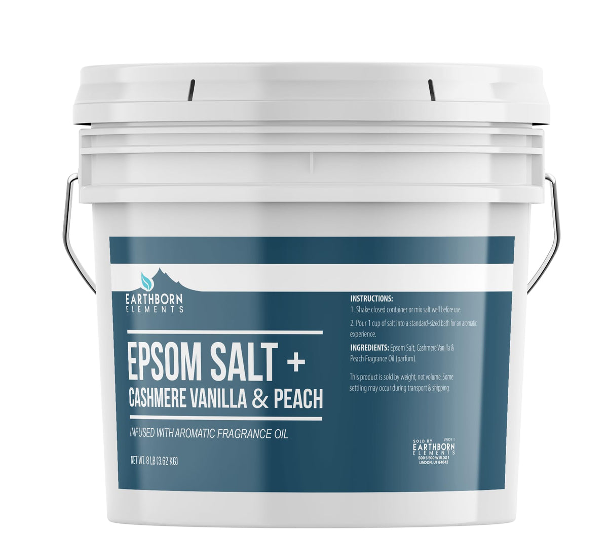 Earthborn Elements Cashmere Vanilla & Peach Epsom Salt 8 lb bucket front view