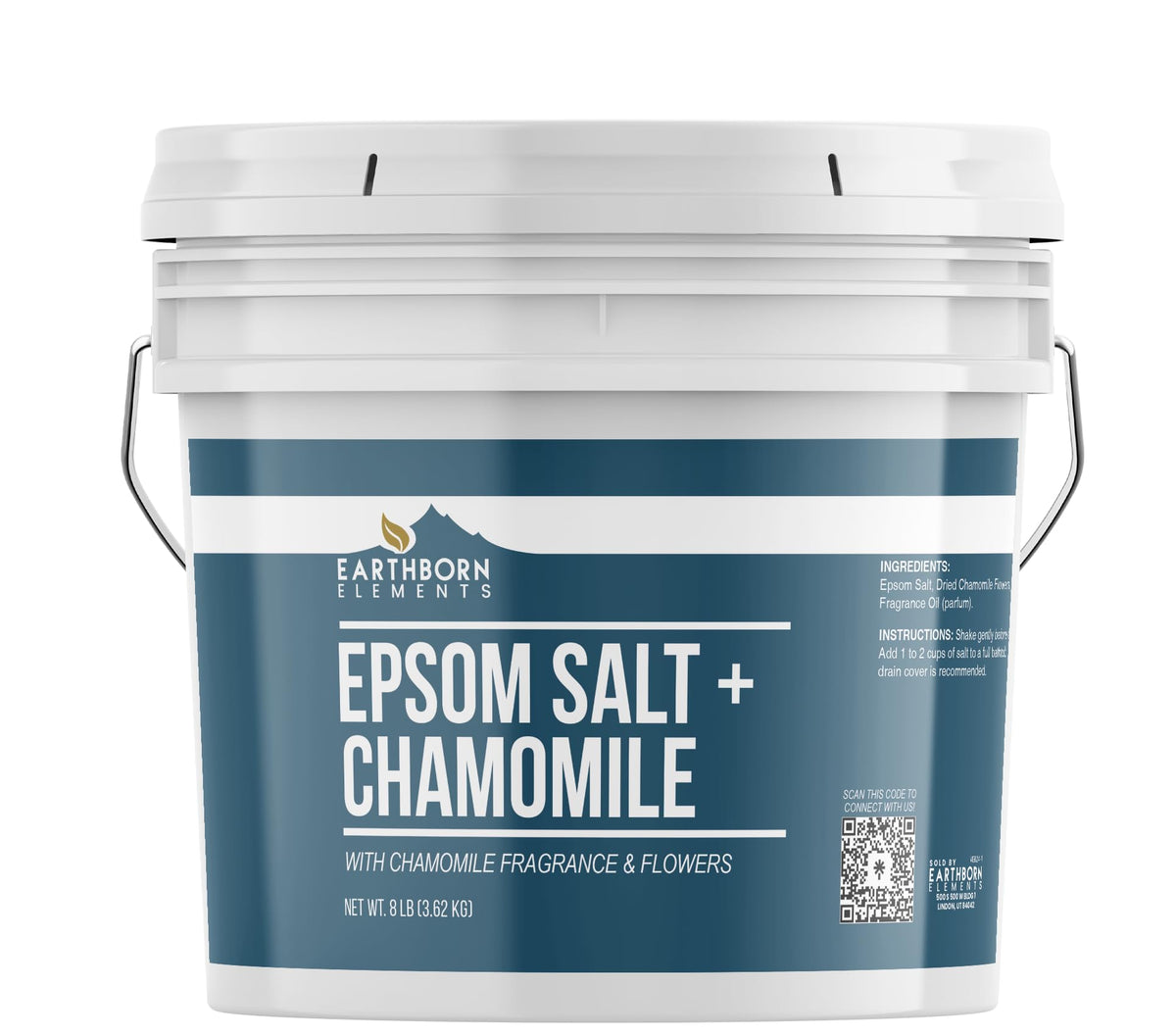 Earthborn Elements Chamomile Epsom Salt 8 lb bucket front view with dried flowers