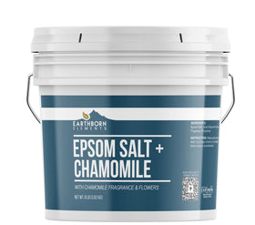 Earthborn Elements Chamomile Epsom Salt 8 lb bucket front view with dried flowers