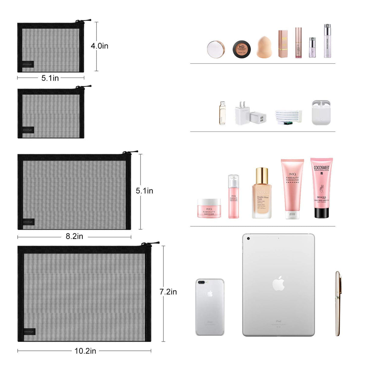 EASYFUN Mesh Pouch Set of 4 showing different sizes