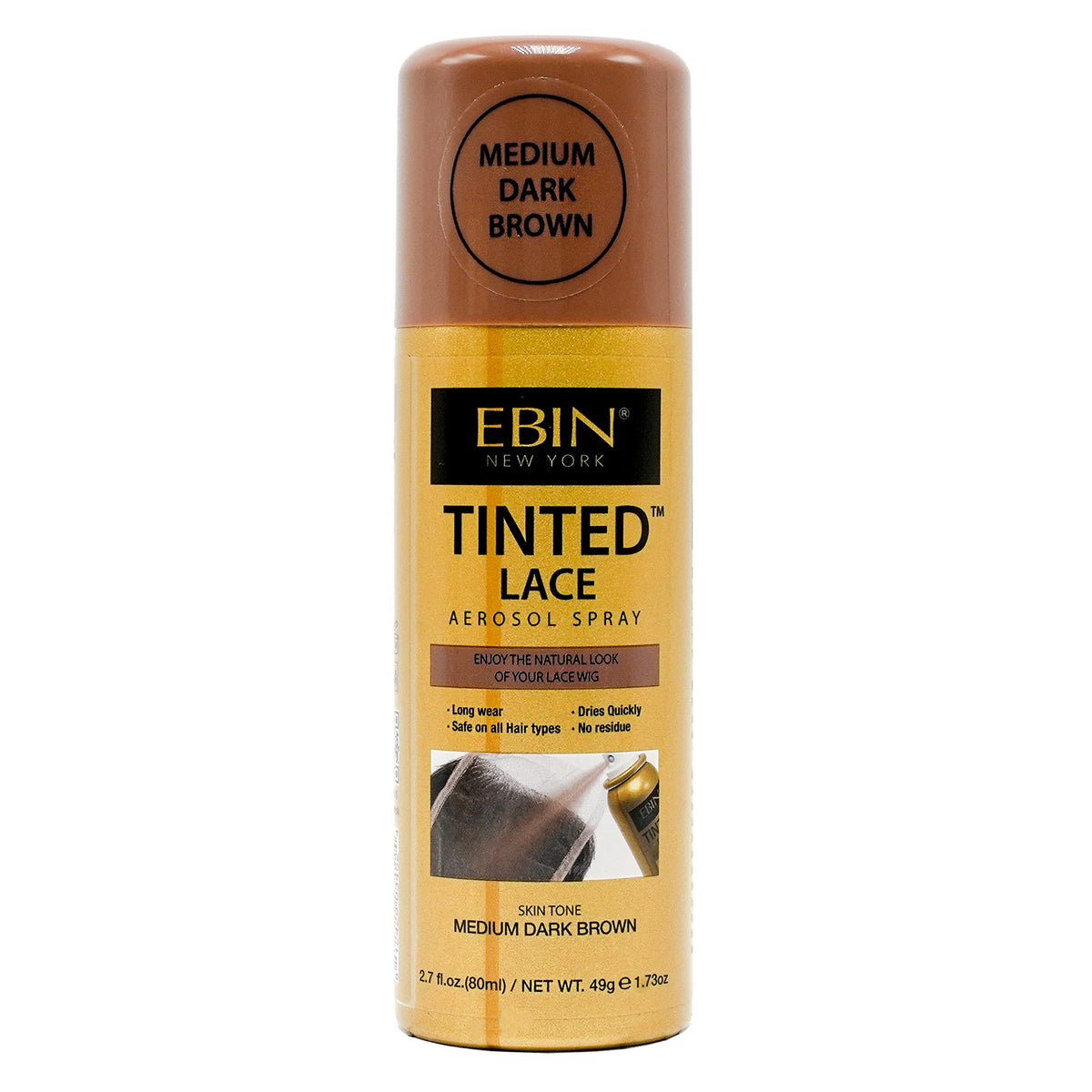 EBIN NEW YORK Tinted Lace Aerosol Spray front view, Medium Dark Brown