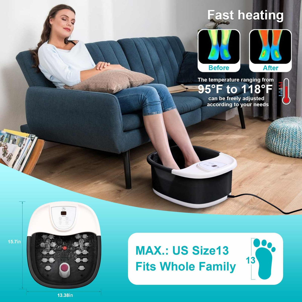 ECARBME Foot Spa Bath Massager showing massage rollers and bubbles