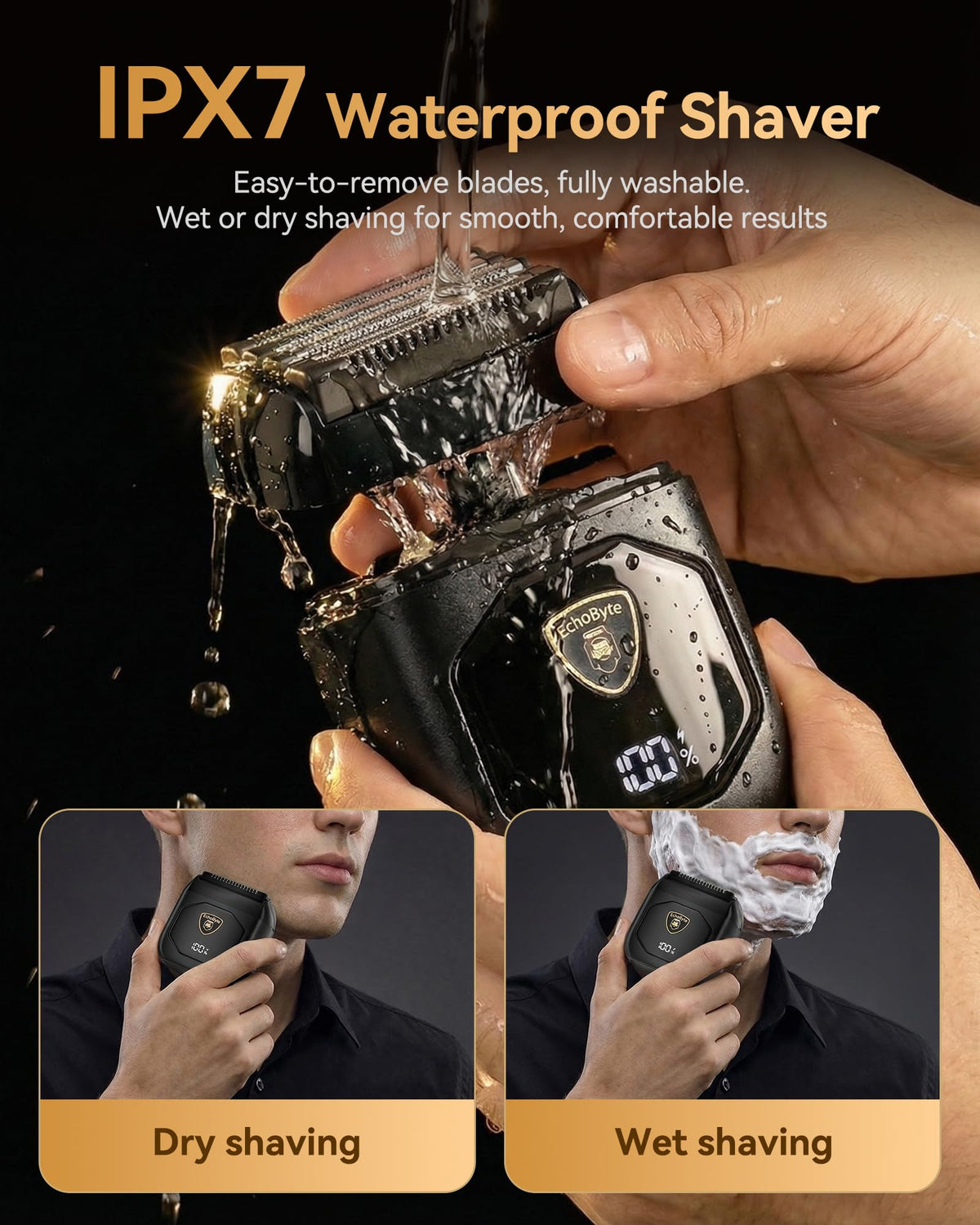 EchoByte shaver demonstrating waterproof feature