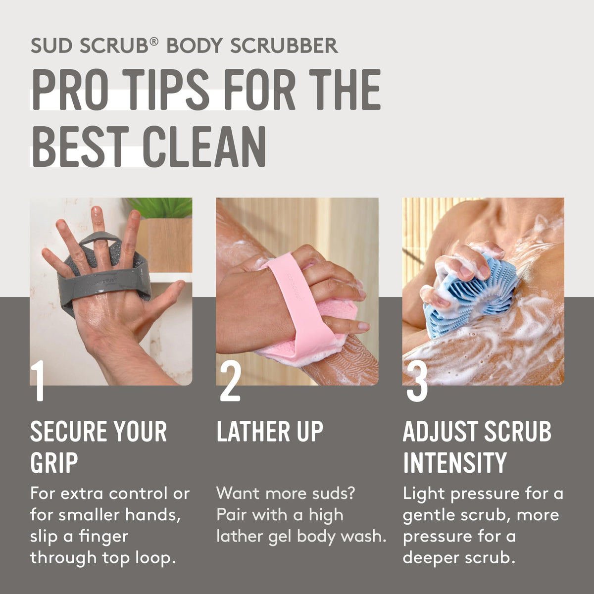 Eco-friendly Sud Scrub Antimicrobial Silicone Body Scrubber on a bathroom shelf