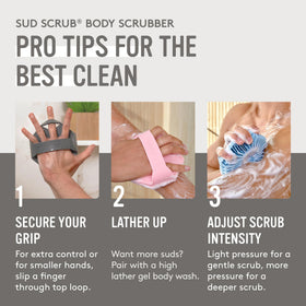 Eco-friendly Sud Scrub Antimicrobial Silicone Body Scrubber on a bathroom shelf