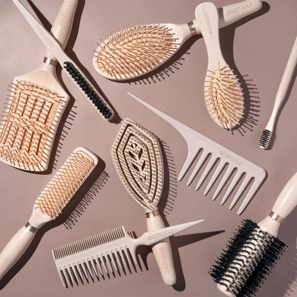 EcoTools Fine Hair Detangler brush on a bathroom counter