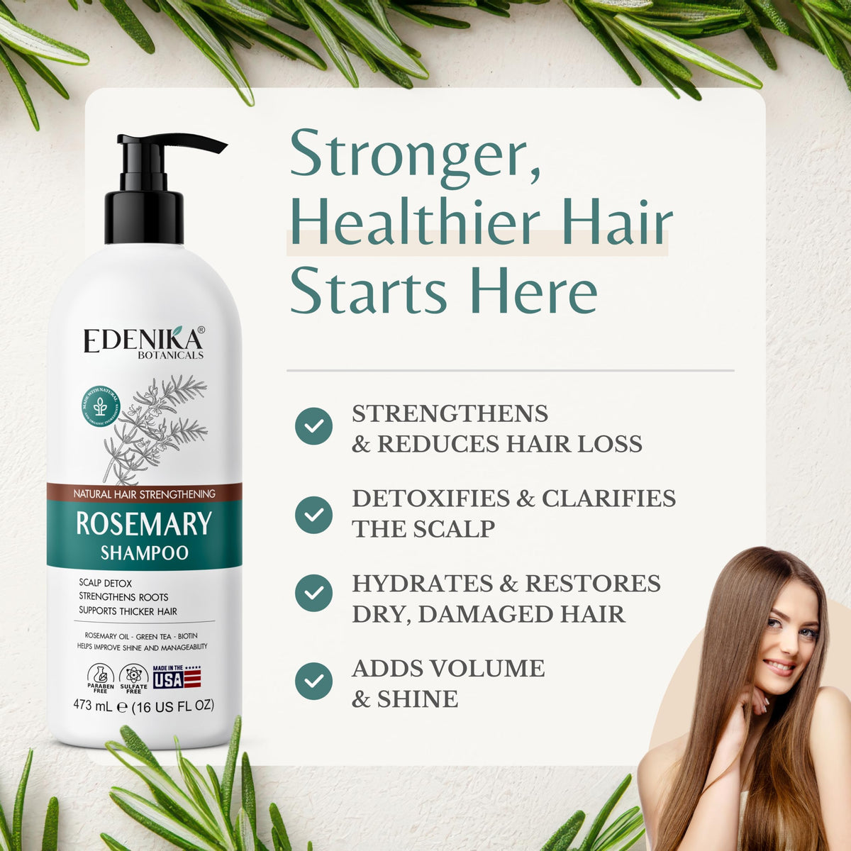 EDENIKA BOTANICALS Rosemary Oil Shampoo back view with ingredient list