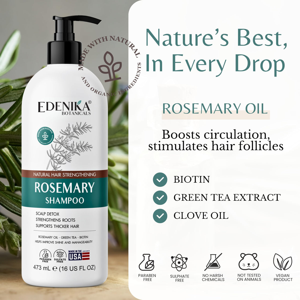 EDENIKA BOTANICALS Rosemary Oil Shampoo with Biotin in a lifestyle setting