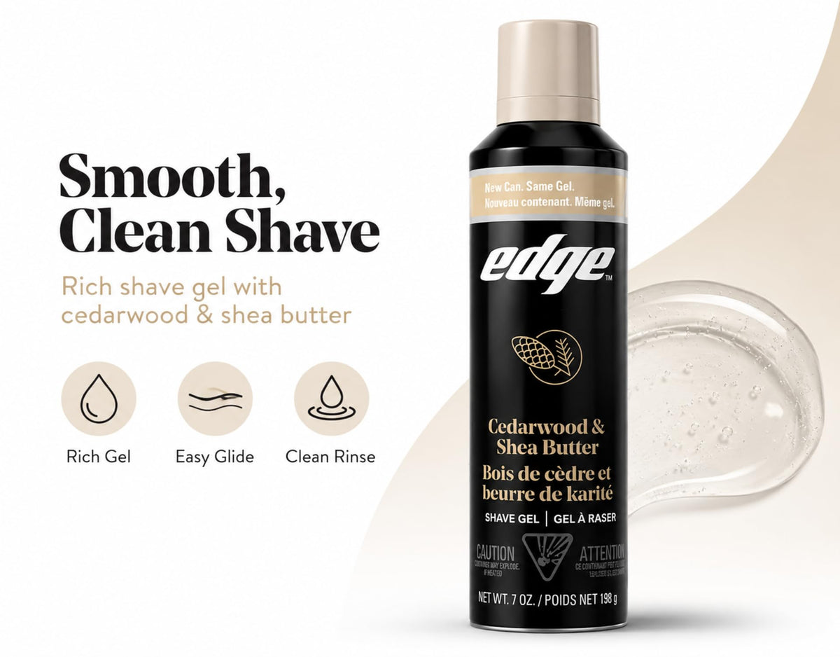Edge Cedarwood & Shea Butter Shave Gel in bathroom setting