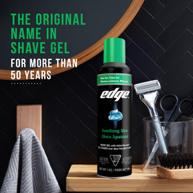 Edge Shaving Gel 6 pack displayed on a bathroom shelf