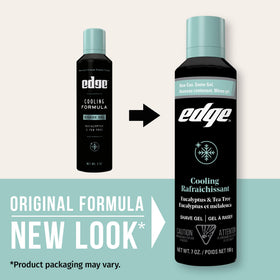 Edge Shaving Gel packaging with eucalyptus and tea tree