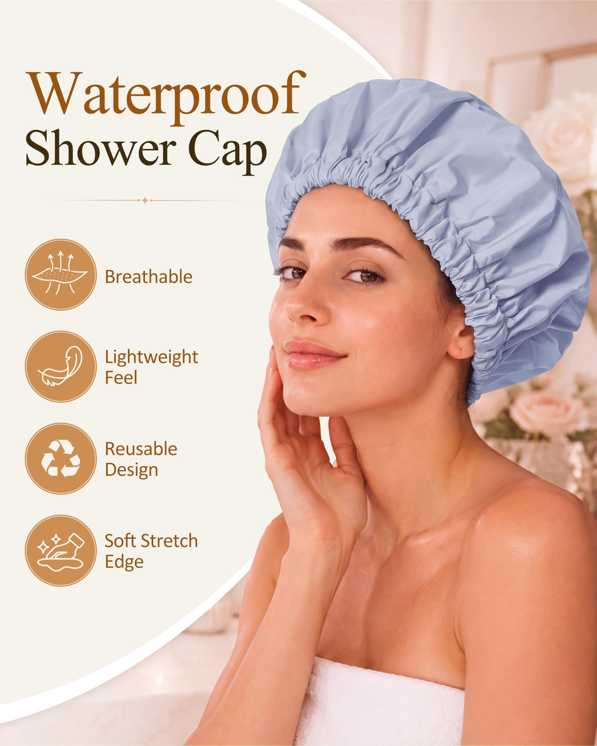 Edoneery Shower Cap displayed with hair tucked inside