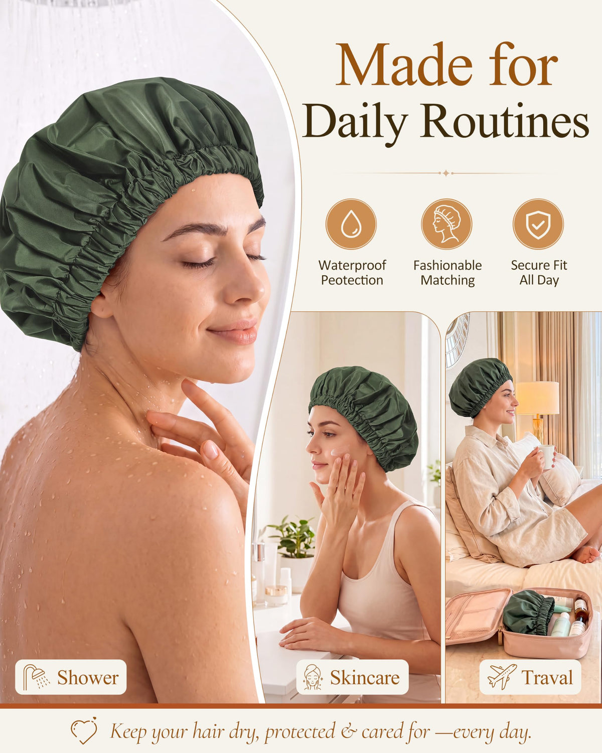 Edoneery Shower Cap folded in travel pouch
