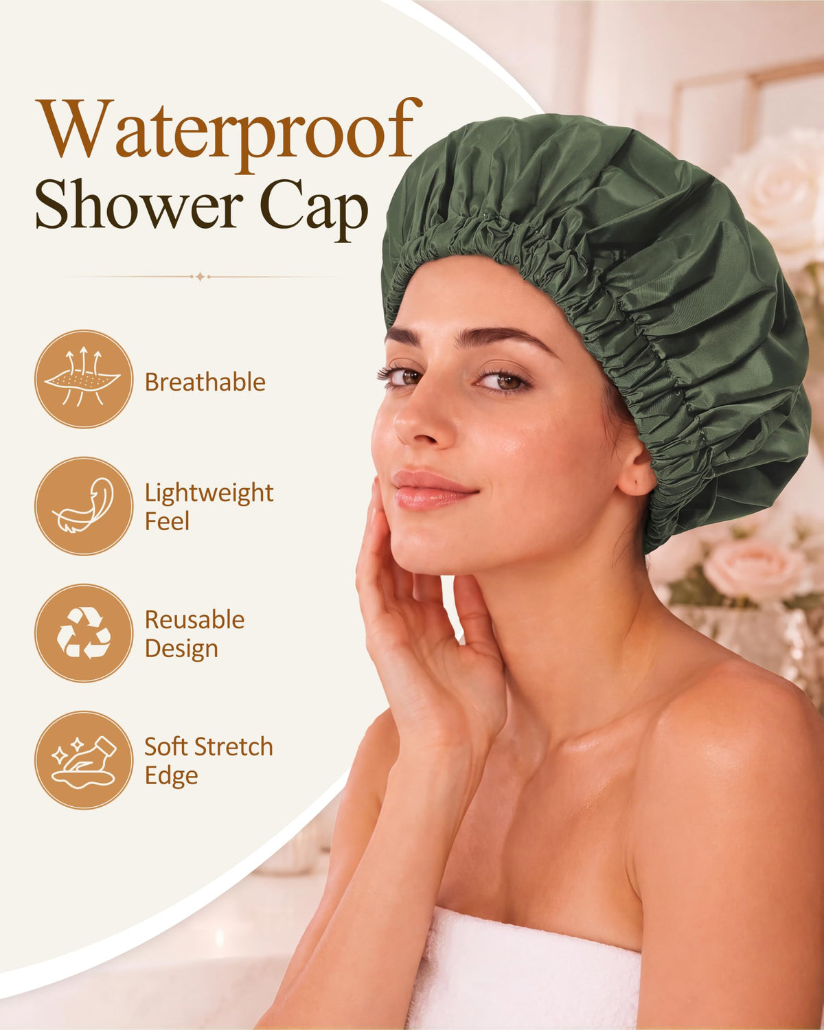 Edoneery Shower Cap on a model with long hair