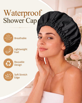 Edoneery Shower Cap on a model with long hair