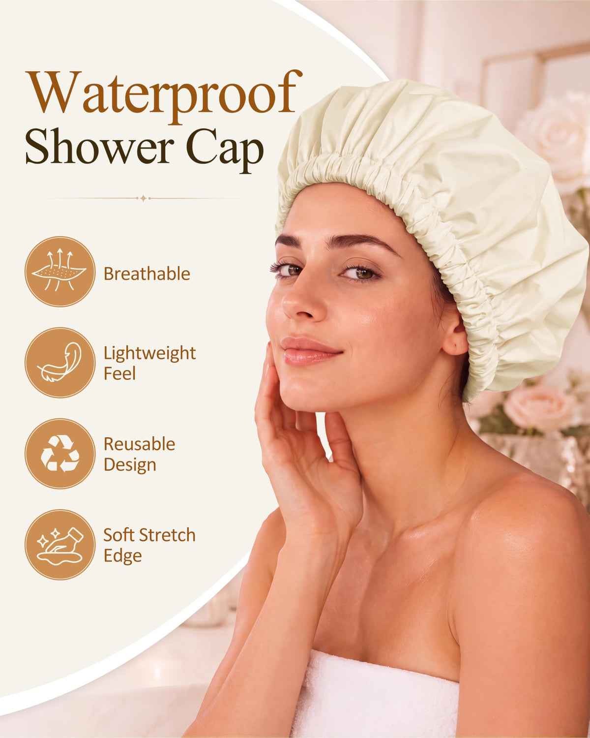 Edoneery Shower Cap on model with long hair