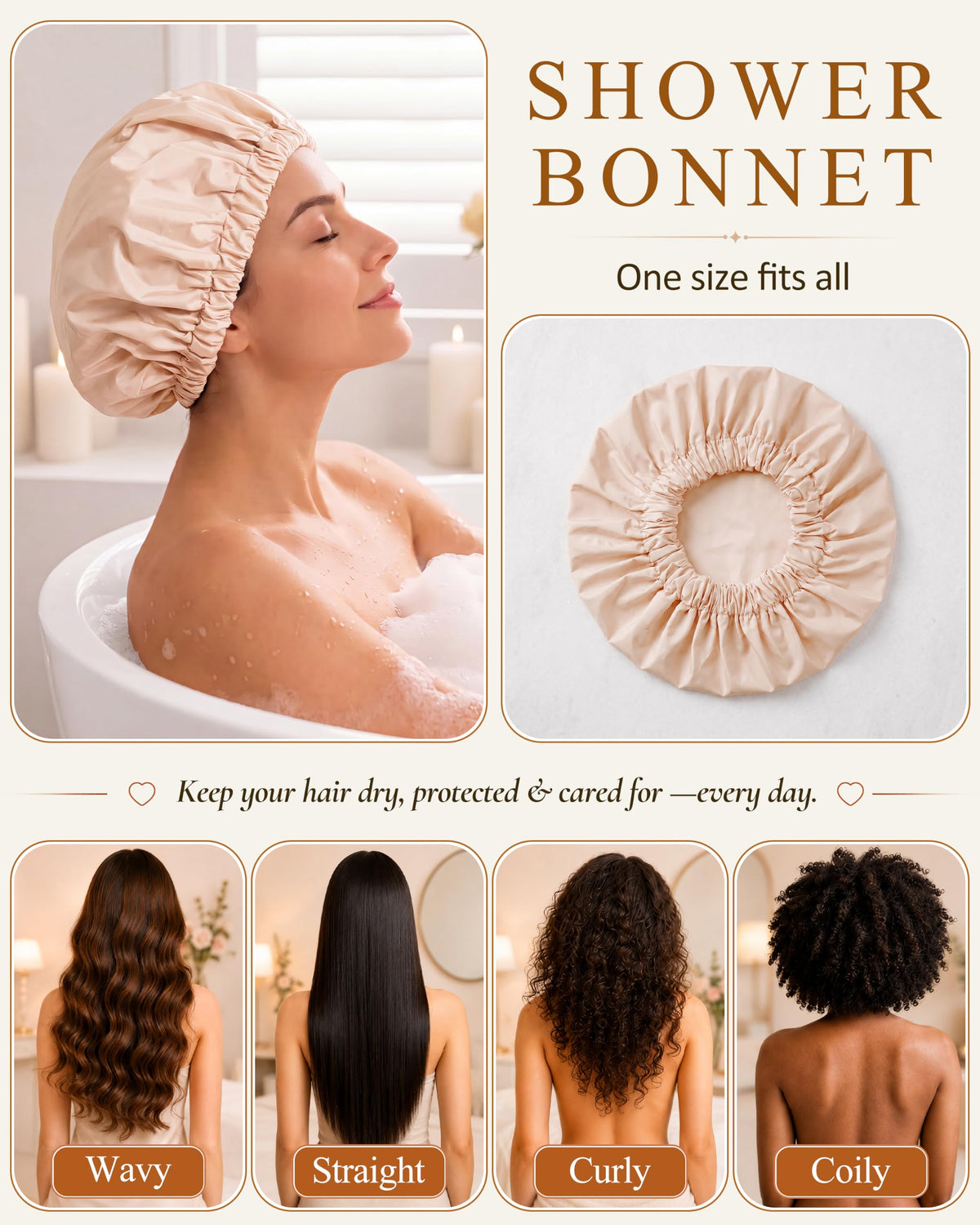 Edoneery shower cap showing large fit for thick hair