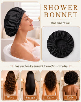 Edoneery Shower Cap with long hair tucked inside