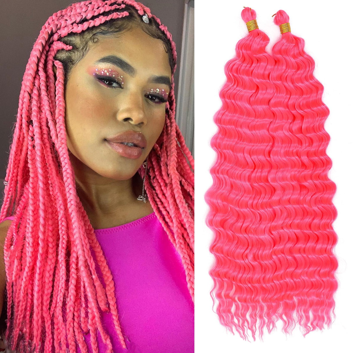 EERYA 18 Inch Hot Pink Ocean Wave Braiding Hair front view