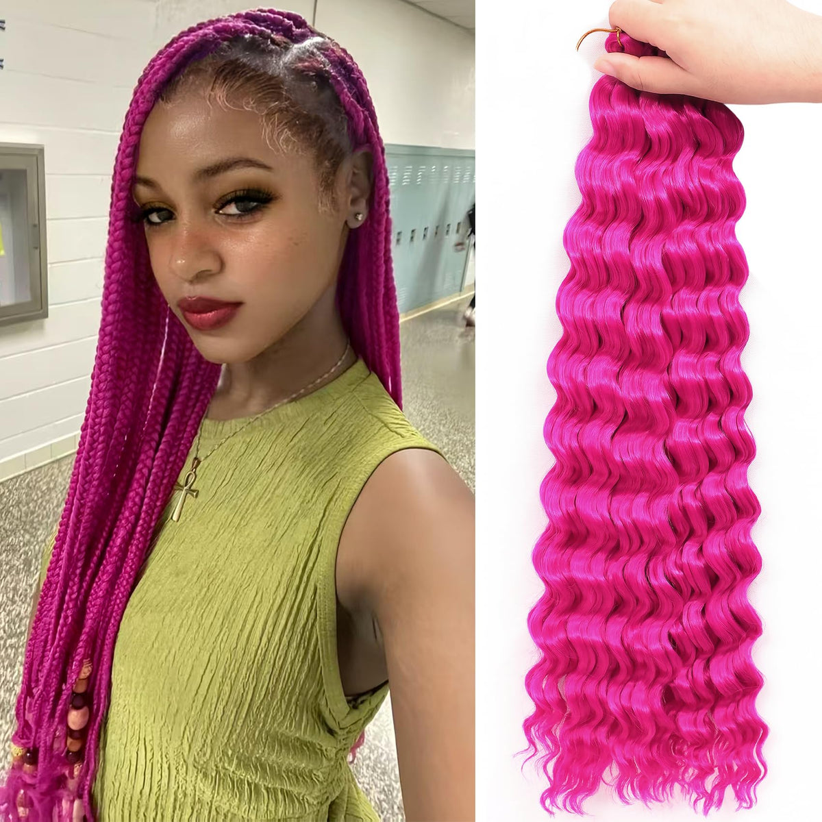 EERYA Long Curly Braiding Hair 18 Inch Magenta Pink front view