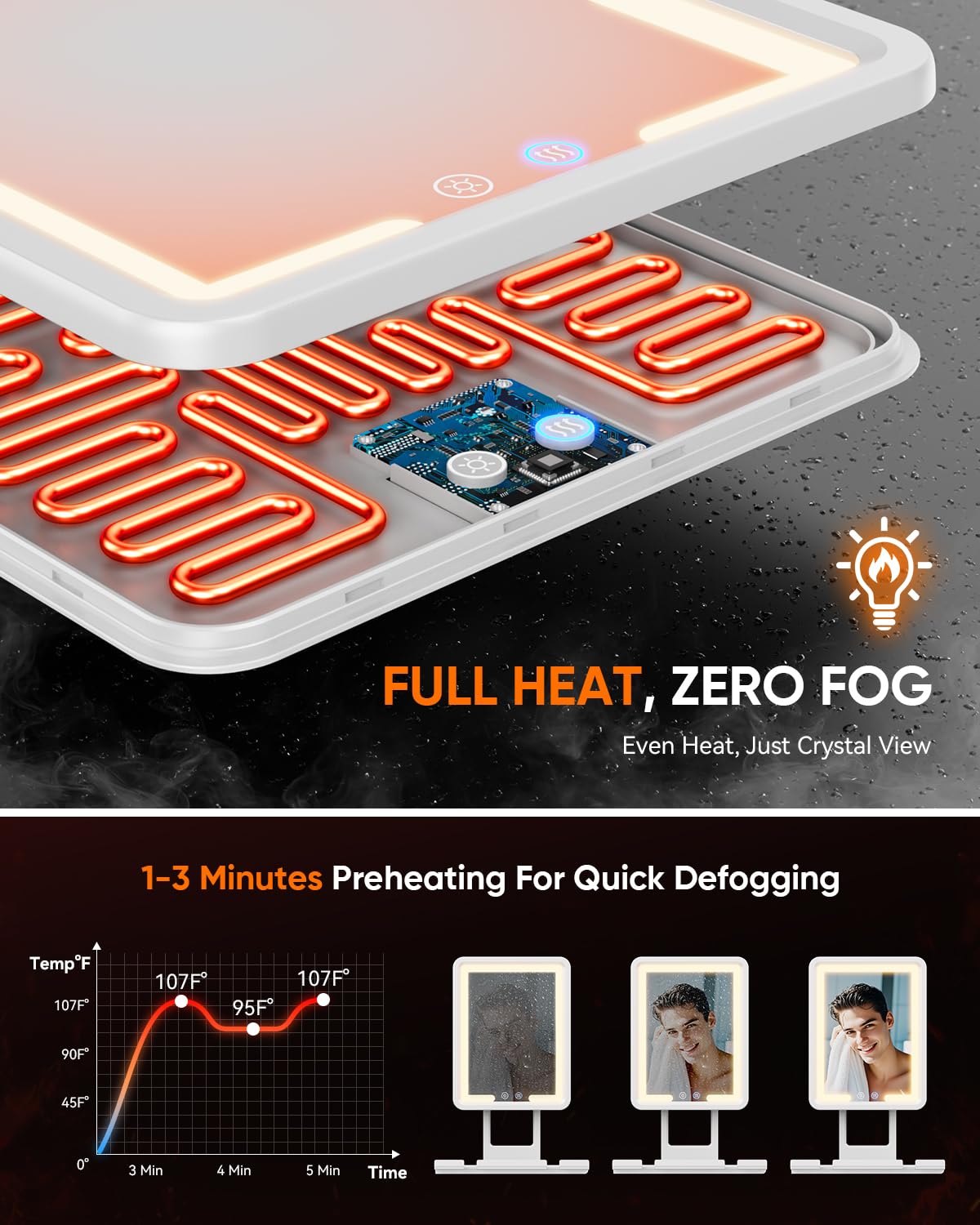 eeuuty Heated Shower Mirror Fogless adjustable angle close-up