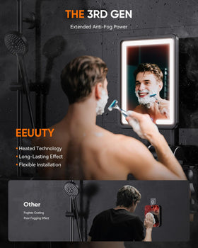 eeuuty Heated Shower Mirror showing charging port and razor holder