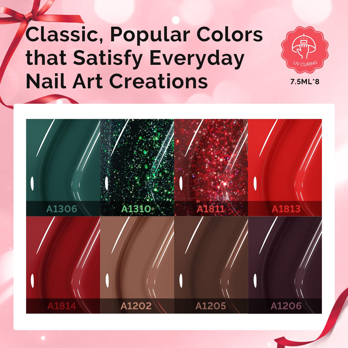 Eight gel nail polishes in various colours