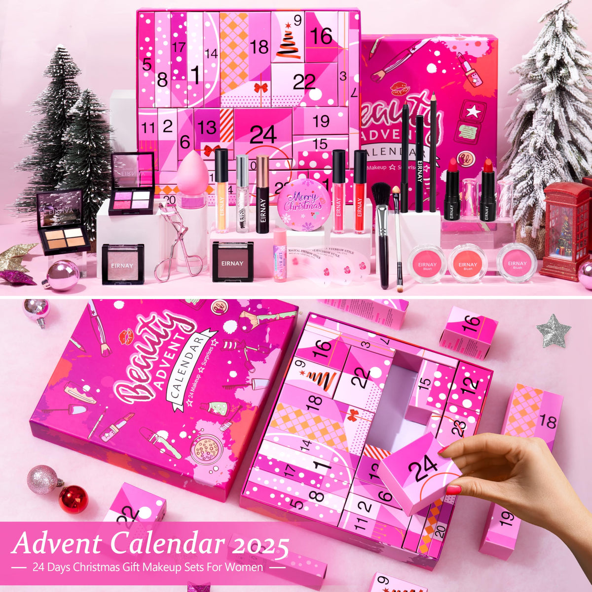 EIRNAY Advent Calendar opened with various makeup items displayed