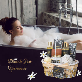 Elegant gold basket containing spa products from Saint Roy