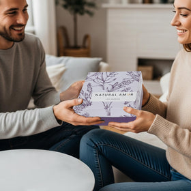 Elegant packaging of NATURAL AMOR Lavender Spa Gift Set ready for gifting