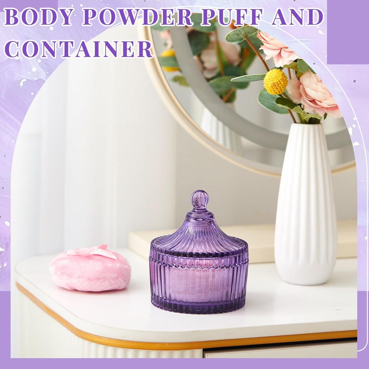 Elegant purple glass container for powder puffs