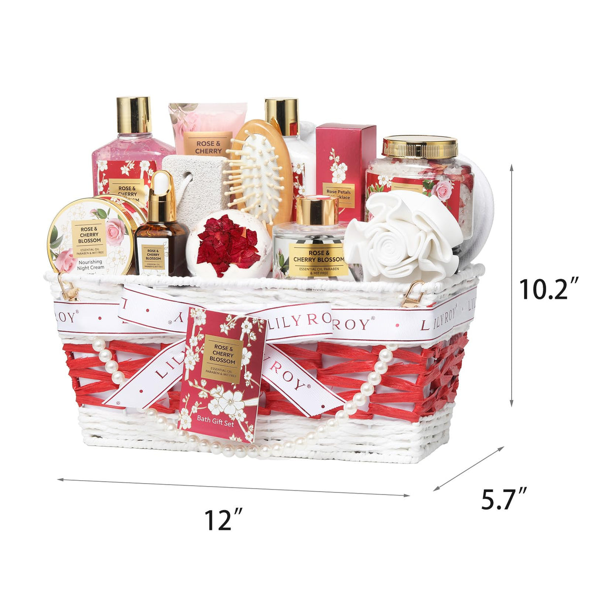 Elegant woven basket of LILY ROY spa gift set displayed on a vanity