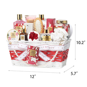 Elegant woven basket of LILY ROY spa gift set displayed on a vanity
