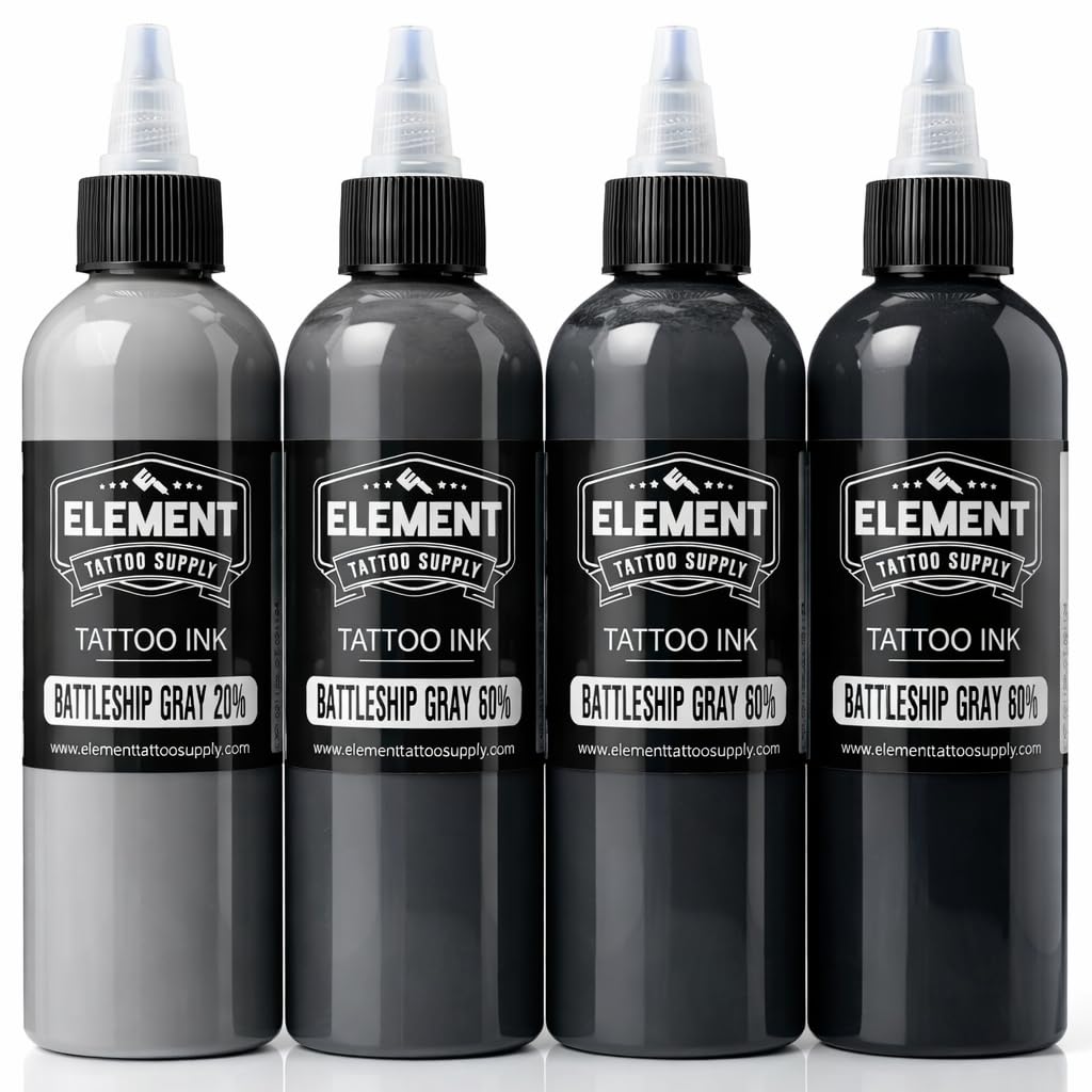 Element Tattoo Supply Battleship Gray Ink Set front view with four 2oz bottles