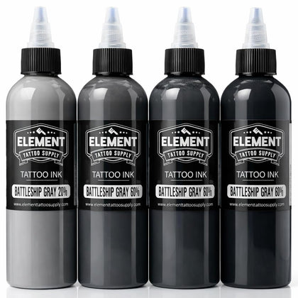 Element Tattoo Supply Battleship Gray Ink Set front view with four 2oz bottles