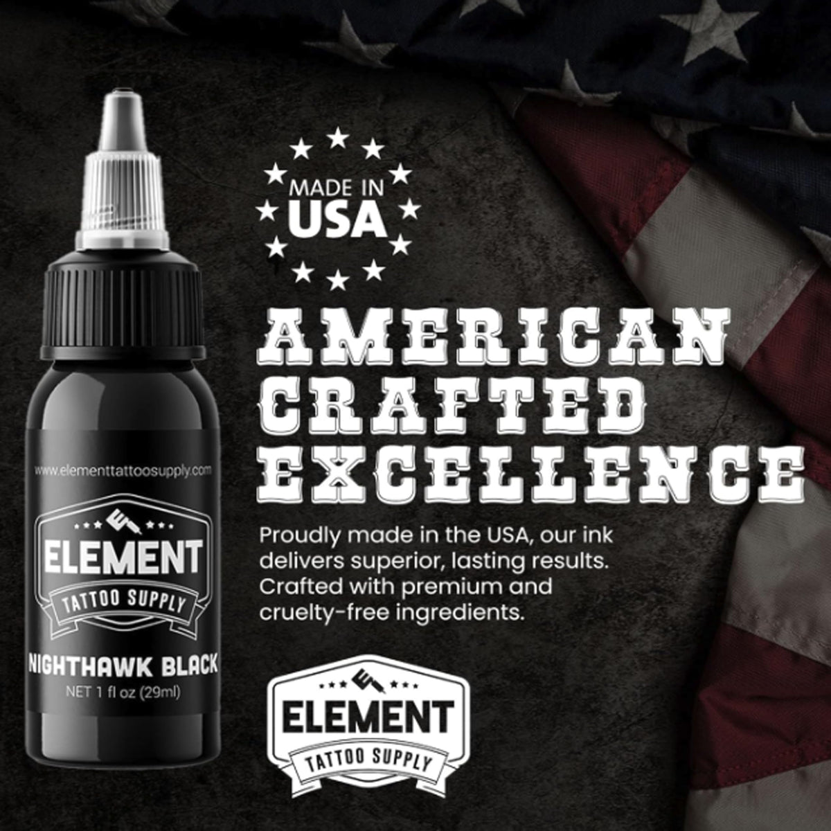 Element Tattoo Supply Black Tattoo Ink 2oz on a tattoo artist's table