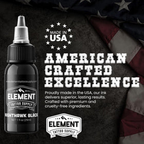 Element Tattoo Supply Black Tattoo Ink 2oz on a tattoo artist's table