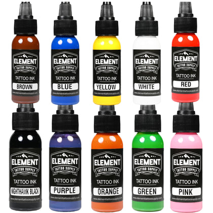 Element Tattoo Supply Ink Set 10 Colours 1oz bottles front view
