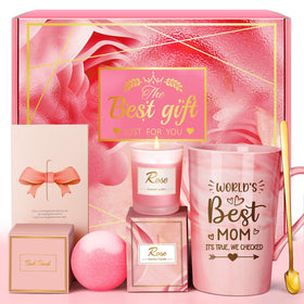 Eletorot Mom Gift Basket front view with mug, candle, and bath ball