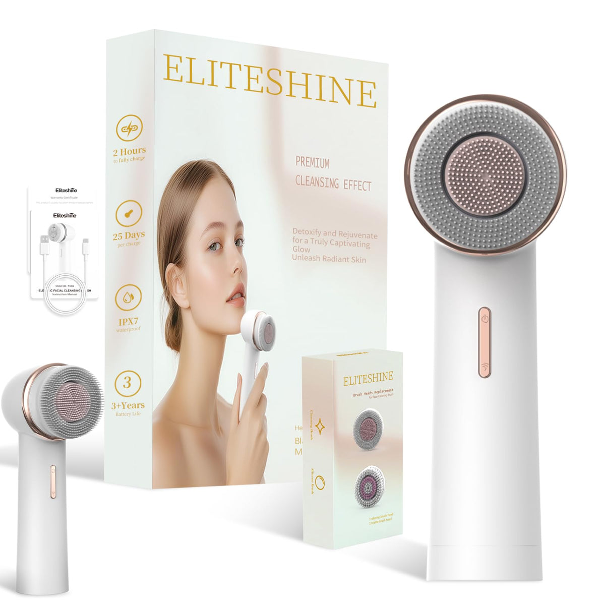 Eliteshine Electric Facial Cleansing Brush front view with silicone and bristle heads