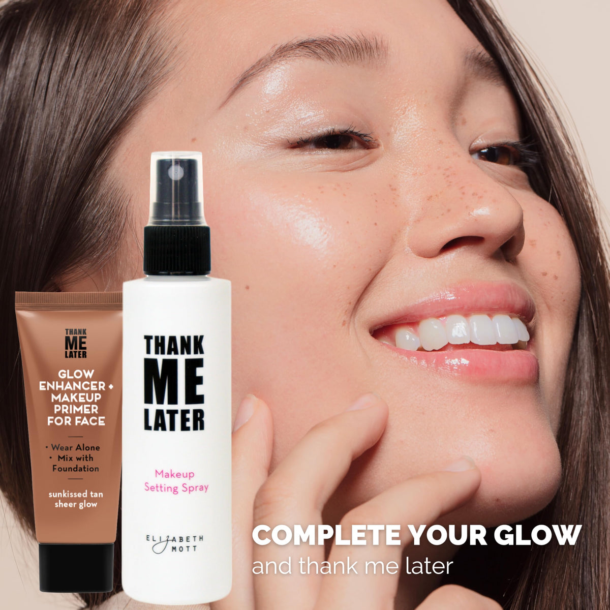 Elizabeth Mott Glow support Tan with makeup products