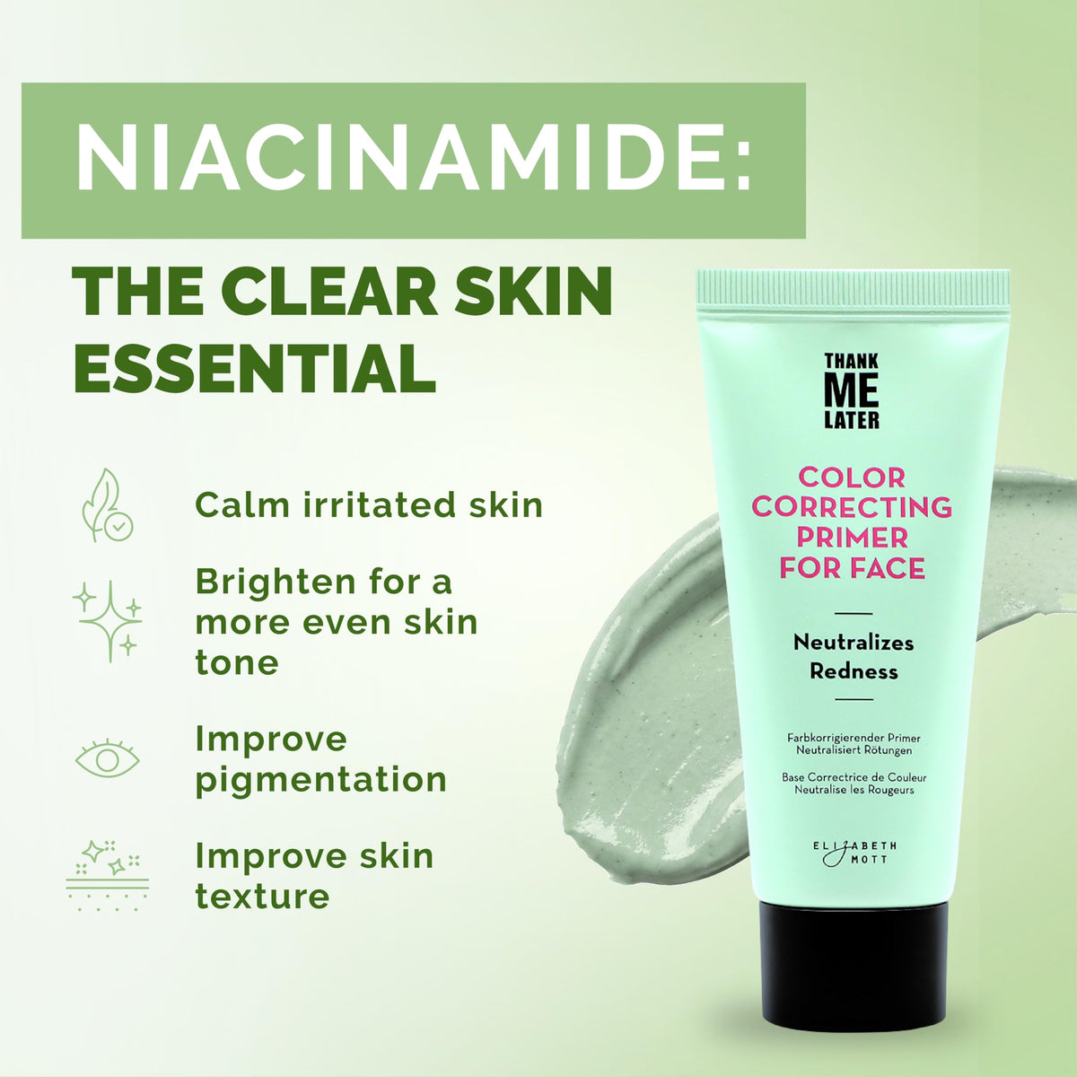 Elizabeth Mott primer packaging with green cream texture