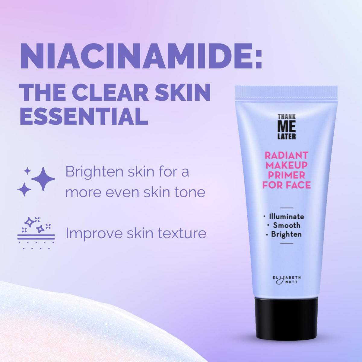 Elizabeth Mott primer showing radiant finish on skin