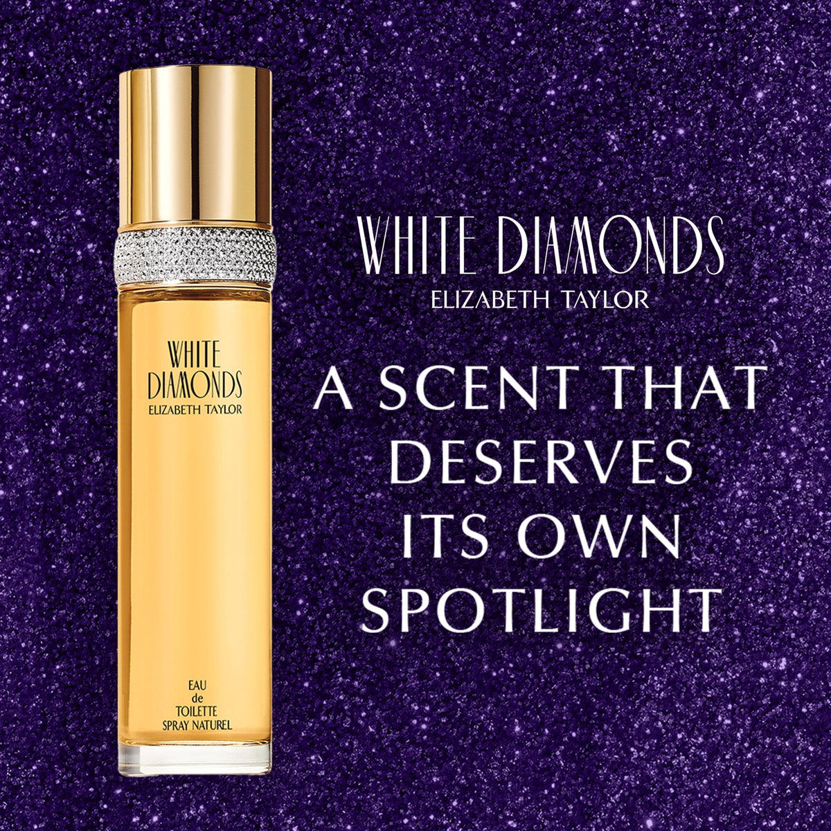 Elizabeth Taylor White Diamonds Eau de Toilette on vanity with accessories