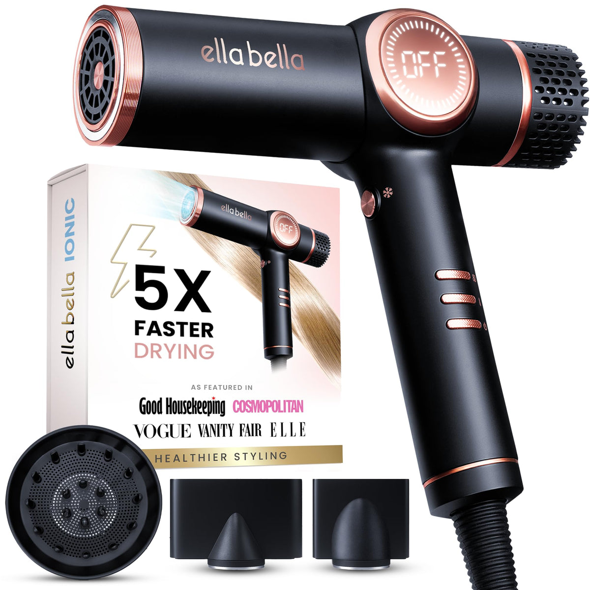 ELLA BELLA Ionic Hair Dryer front view with diffuser