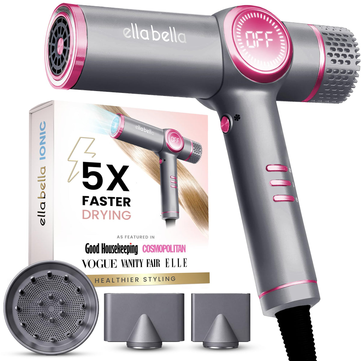 ELLA BELLA Ionic Hair Dryer front view with diffuser