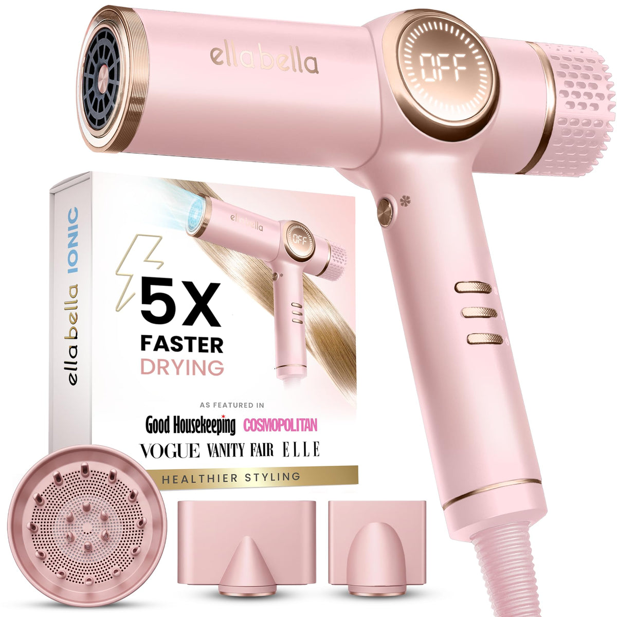 ELLA BELLA Ionic Hair Dryer front view with diffuser