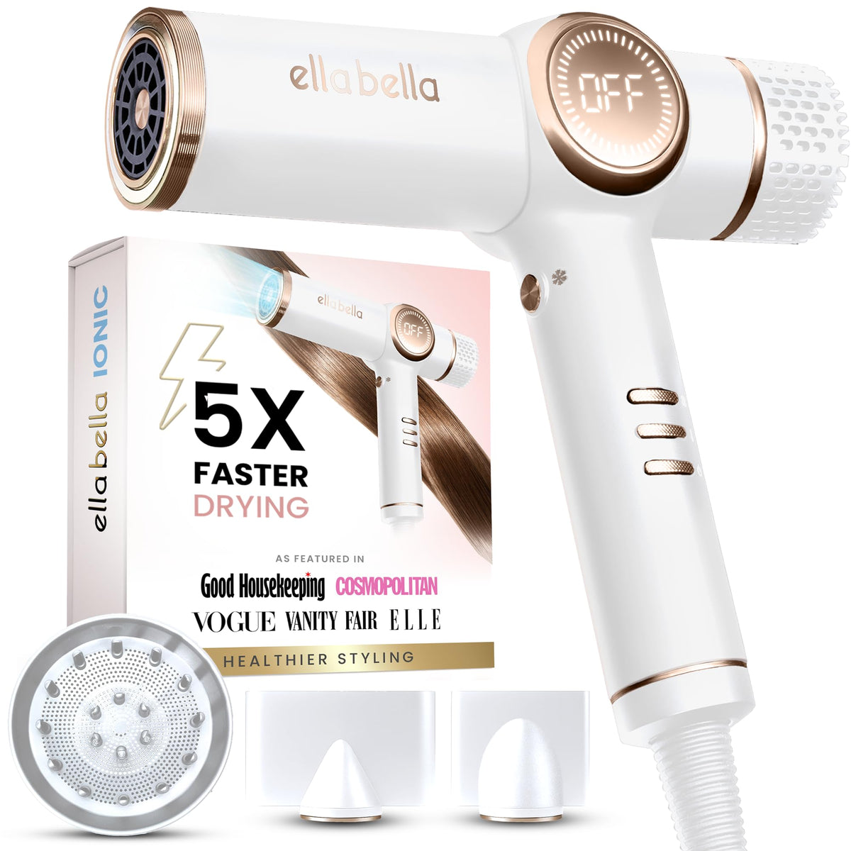 ELLA BELLA Ionic Hair Dryer front view with diffuser