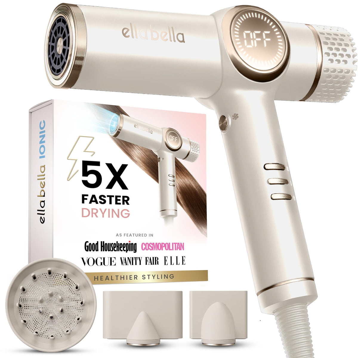 ELLA BELLA Ionic Hair Dryer front view with diffuser