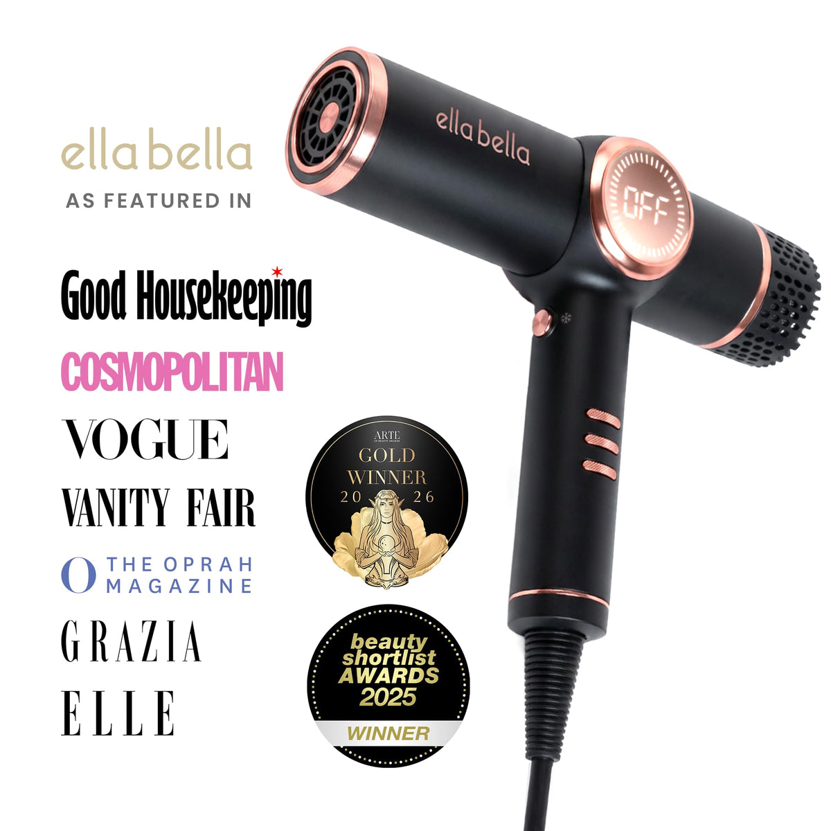 ELLA BELLA Ionic Hair Dryer with three magnetic nozzles